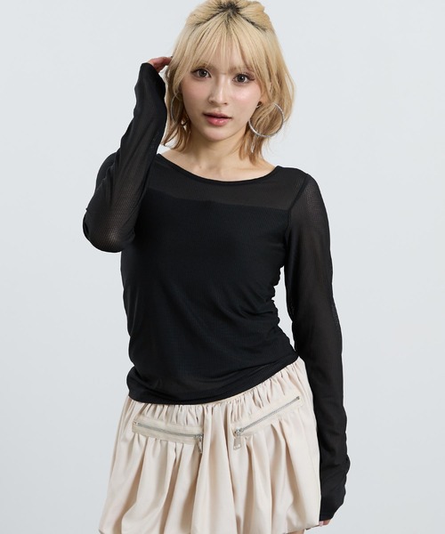 ANAP（アナップ）の「パッド付き インナードッキング シアーレース ロンT（Tシャツ/カットソー・レディース・ブラック/オフホワイト・F）」の7枚目の写真