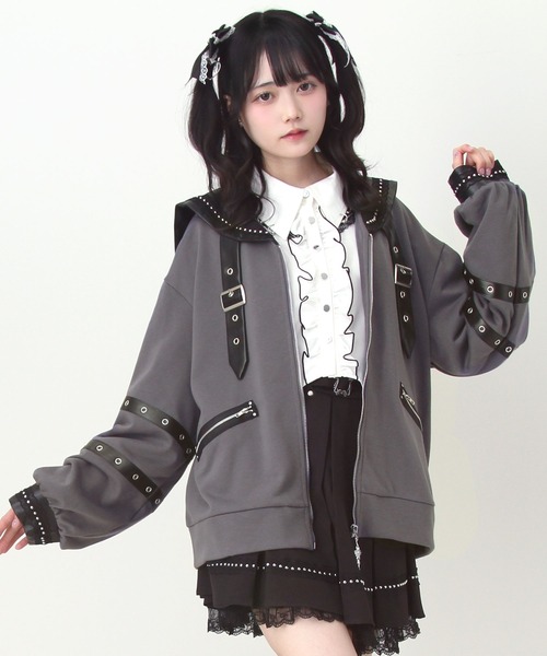 DearMyLove(ディアマイラブ)の「レザースタッズセーラー襟ベルトブルゾン(ブルゾン・レディース・グレー/ブラック・FREE)」の1枚目の写真