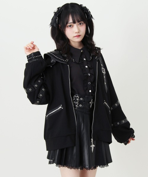DearMyLove(ディアマイラブ)の「レザースタッズセーラー襟ベルトブルゾン(ブルゾン・レディース・グレー/ブラック・FREE)」の3枚目の写真