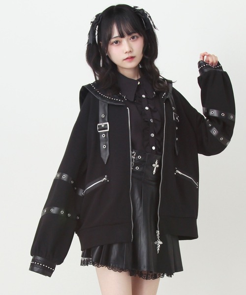 DearMyLove(ディアマイラブ)の「レザースタッズセーラー襟ベルトブルゾン(ブルゾン・レディース・グレー/ブラック・FREE)」の6枚目の写真