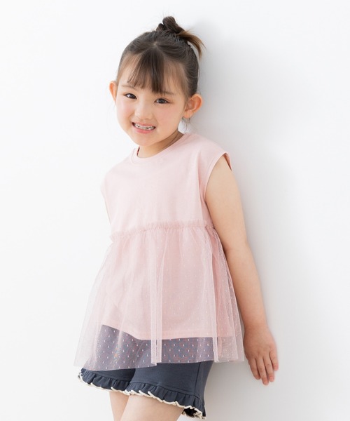 chil2(チルツー)の「チュール切替レイヤードチュニック(Tシャツ/カットソー・キッズ・クリーム/スモークピンク/チャコールグレー/サックスブルー・150cm/140cm/130cm/120cm/110cm/100cm/90cm)」の4枚目の写真