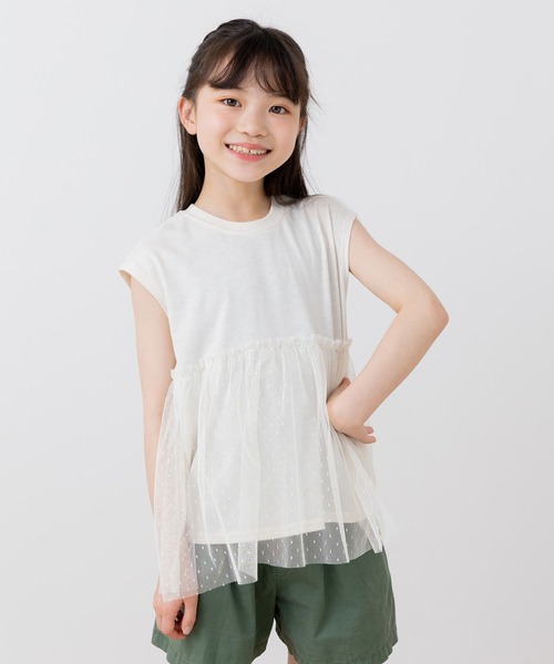 chil2(チルツー)の「チュール切替レイヤードチュニック(Tシャツ/カットソー・キッズ・クリーム/スモークピンク/チャコールグレー/サックスブルー・150cm/140cm/130cm/120cm/110cm/100cm/90cm)」の2枚目の写真
