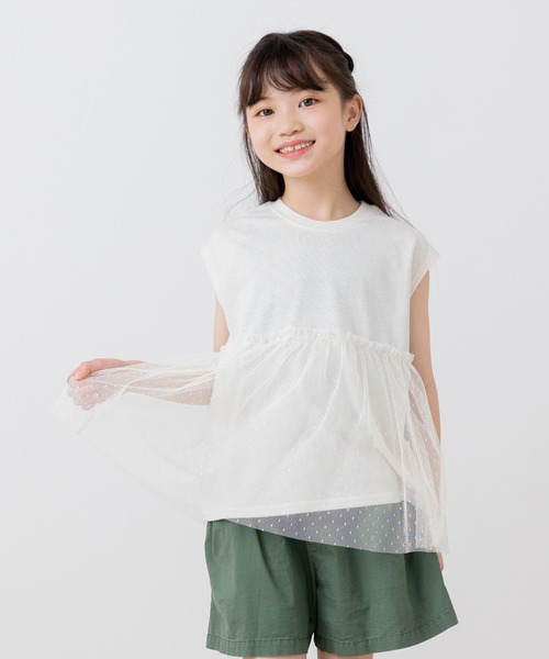 chil2(チルツー)の「チュール切替レイヤードチュニック(Tシャツ/カットソー・キッズ・クリーム/スモークピンク/チャコールグレー/サックスブルー・150cm/140cm/130cm/120cm/110cm/100cm/90cm)」の20枚目の写真