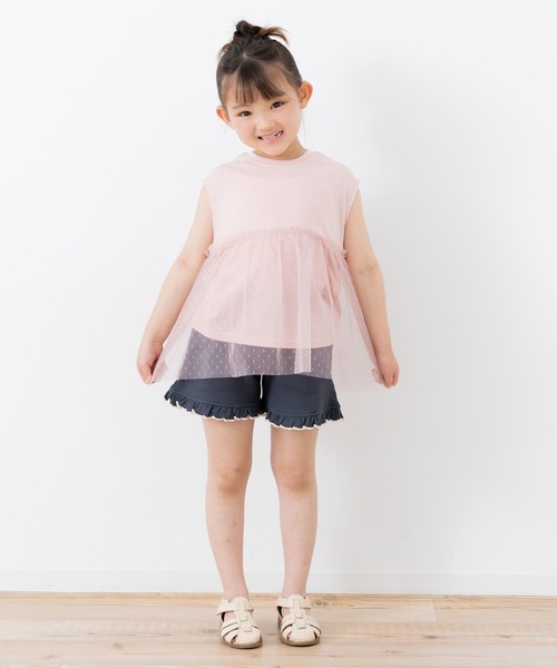 chil2(チルツー)の「チュール切替レイヤードチュニック(Tシャツ/カットソー・キッズ・クリーム/スモークピンク/チャコールグレー/サックスブルー・150cm/140cm/130cm/120cm/110cm/100cm/90cm)」の21枚目の写真