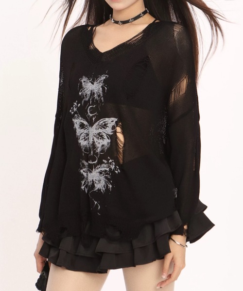 Alvia(アルビア)の「Vネックダメージ風バタフライプリント ニットトップス(ニット/セーター・レディース・ホワイト/ブラック・M)」の10枚目の写真