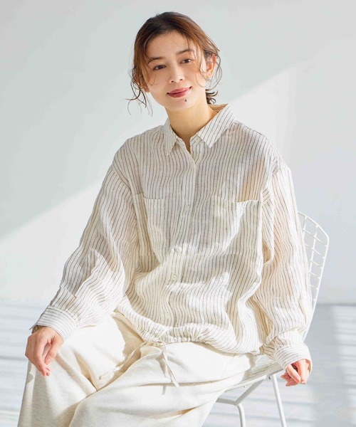 ♡り専用♡NOBLE ストライプドロストボリュームスリーブブラウス ストライプドロストオーバーシャツ（シャツ／ブラウス）｜NOBLE
