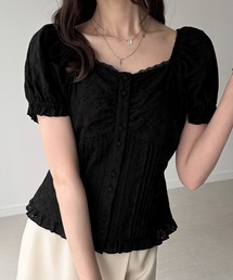 レースフリルピンタックパフスリーブブラウス