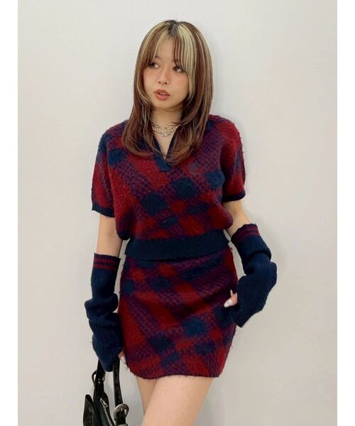 EVRIS(エヴリス)の「チェックニットミニスカート【セットアップ着用可能】 秋服(スカート・レディース・グリーン/レッド/ブラック・FREE)」の7枚目の写真