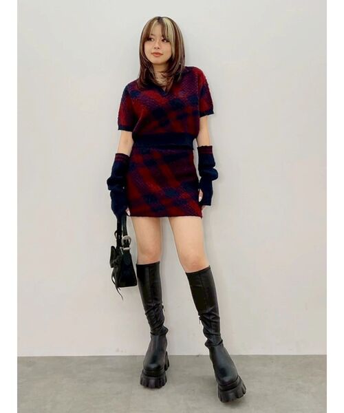 EVRIS(エヴリス)の「チェックニットミニスカート【セットアップ着用可能】 秋服(スカート・レディース・グリーン/レッド/ブラック・FREE)」の8枚目の写真