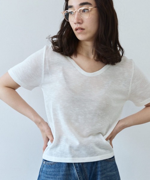 flaeu(フラユ)の「Sheer Knit Tee(Tシャツ/カットソー・レディース・ホワイト/ブラック・FREE)」の1枚目の写真