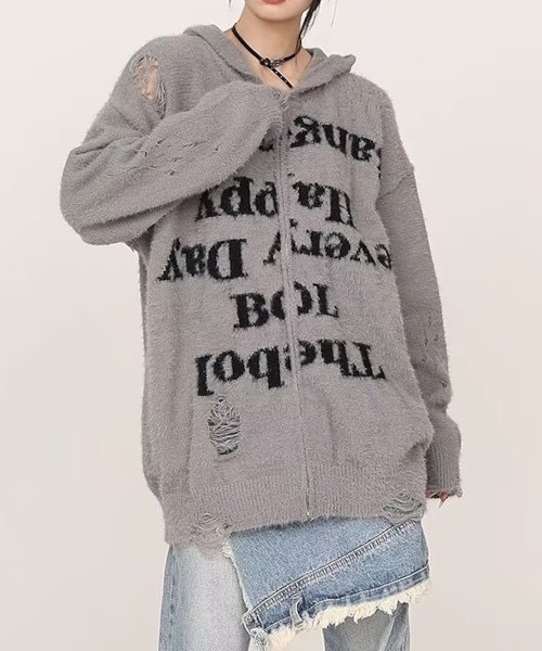 MASHIRO(マシロ)の「【MASHIRO】ダメージ加工ニットロゴジップルーズパーカー/グランジY2K(MA/EK92)(パーカー・レディース・グレー/ブラック・FREE)」の7枚目の写真