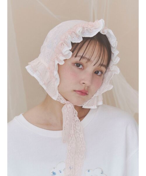 merry jenny(メリージェニー)の「sugar lace bonnet(その他ヘアアクセサリー・レディース・オフホワイト/ピンク・FREE)」の1枚目の写真