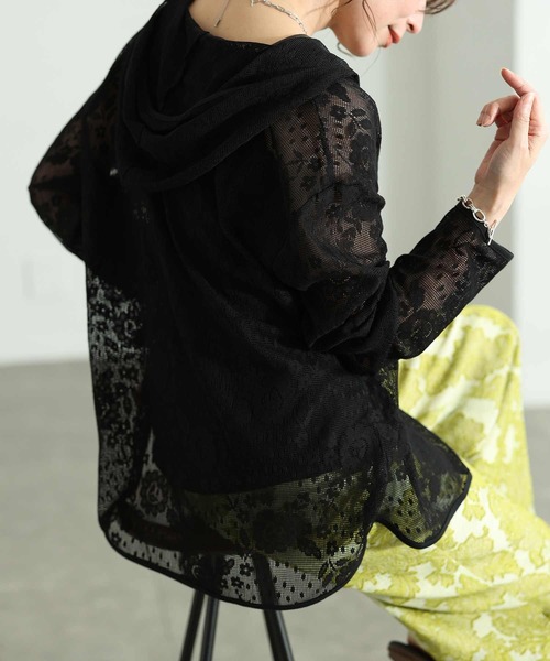 Sawa a la mode(サワアラモード)の「花柄レース刺繍メッシュパーカー(パーカー・レディース・ブラック/オフホワイト・FREE)」の1枚目の写真