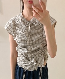 【春夏新作/2色展開】チェック柄ギャザーフリルブラウス