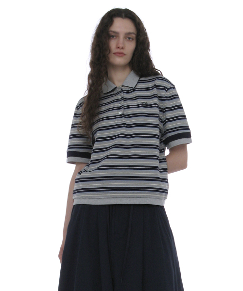 PARTIMENTO WOMEN(パルティメントウィメン)の「ダブルレイヤードストライプポロTシャツ_ネイビー(ポロシャツ・レディース・その他・SMALL/MEDIUM)」の1枚目の写真