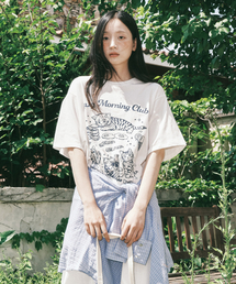 レイジモーニングキャットルーズフィット半袖Tシャツ-ホワイト