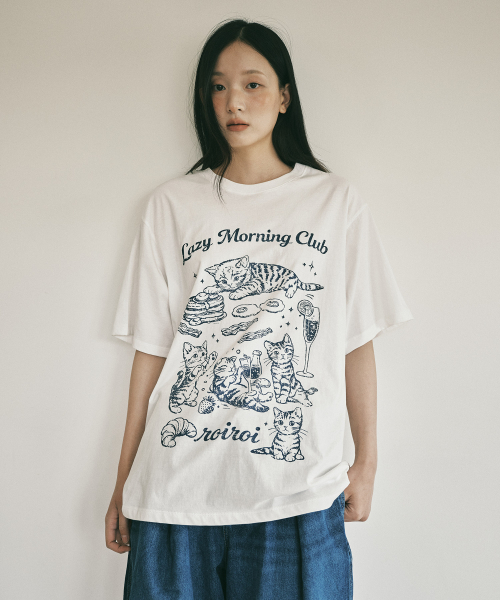 ROIROI(ロイロイ)の「レイジモーニングキャットルーズフィット半袖Tシャツ-ホワイト(Tシャツ/カットソー・レディース・その他・FREE)」の4枚目の写真