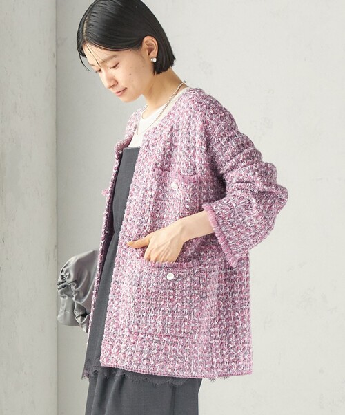 SHIPS（シップス）の「〈手洗い可能〉ミディ丈 ミックス ニット ジャケット（ノーカラージャケット・レディース・ピンク/ブラック・ONE SIZE）」の2枚目の写真