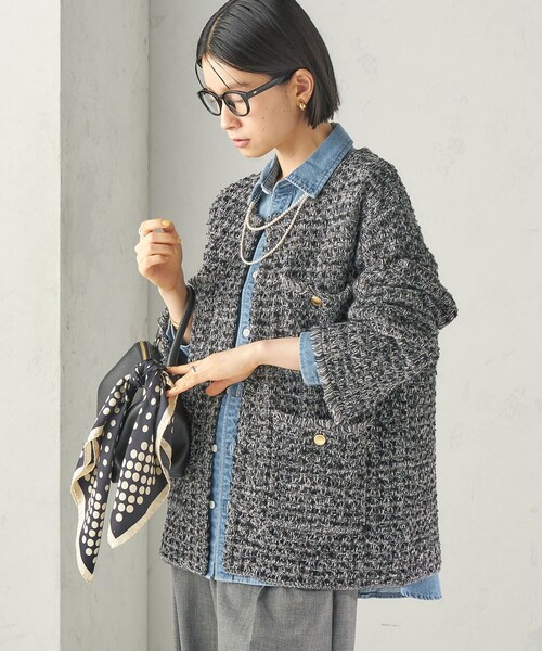 SHIPS（シップス）の「〈手洗い可能〉ミディ丈 ミックス ニット ジャケット（ノーカラージャケット・レディース・ピンク/ブラック・ONE SIZE）」の8枚目の写真