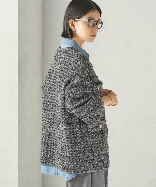 SHIPS（シップス）の「〈手洗い可能〉ミディ丈 ミックス ニット ジャケット（ノーカラージャケット・レディース・ピンク/ブラック・ONE SIZE）」の10枚目の写真