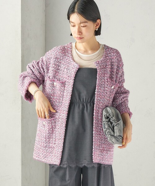 SHIPS（シップス）の「〈手洗い可能〉ミディ丈 ミックス ニット ジャケット（ノーカラージャケット・レディース・ピンク/ブラック・ONE SIZE）」の17枚目の写真