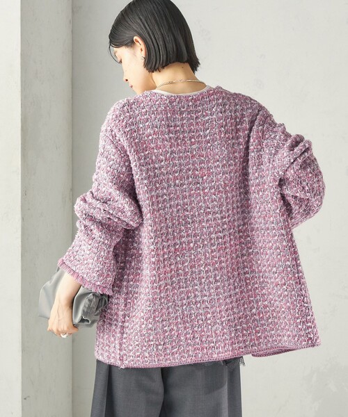 SHIPS（シップス）の「〈手洗い可能〉ミディ丈 ミックス ニット ジャケット（ノーカラージャケット・レディース・ピンク/ブラック・ONE SIZE）」の18枚目の写真