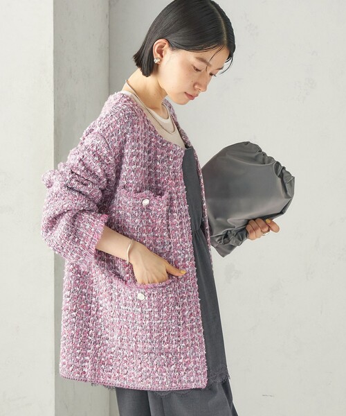 SHIPS（シップス）の「〈手洗い可能〉ミディ丈 ミックス ニット ジャケット（ノーカラージャケット・レディース・ピンク/ブラック・ONE SIZE）」の19枚目の写真