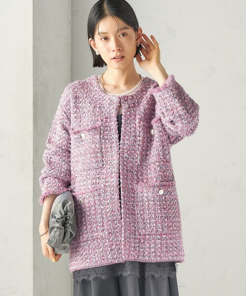 SHIPS（シップス）の「〈手洗い可能〉ミディ丈 ミックス ニット ジャケット（ノーカラージャケット・レディース・ピンク/ブラック・ONE SIZE）」の21枚目の写真