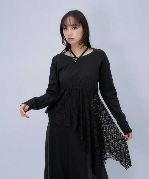 HARE（ハレ）の「アシメレースレイヤーカットソー(HARE)（Tシャツ/カットソー・レディース・ホワイト/ブラック・FREE）」の4枚目の写真