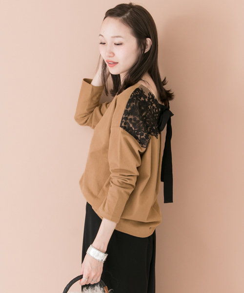 URBAN RESEARCH(アーバンリサーチ)の「UR BACKリボンレースプルオーバー(Tシャツ/カットソー・レディース・ホワイト×ブラック/ネイビー/キャメル・FREE)」の5枚目の写真