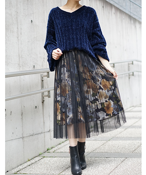 laboratory work（ラボラトリーワーク）の「チュール重ねプリントスカート（スカート・レディース・ブラック/ベージュ/ネイビー・MEDIUM）」の4枚目の写真