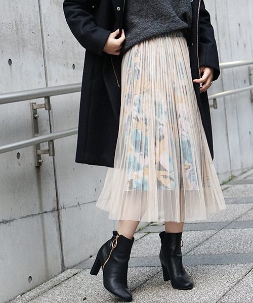 laboratory work（ラボラトリーワーク）の「チュール重ねプリントスカート（スカート・レディース・ブラック/ベージュ/ネイビー・MEDIUM）」の8枚目の写真