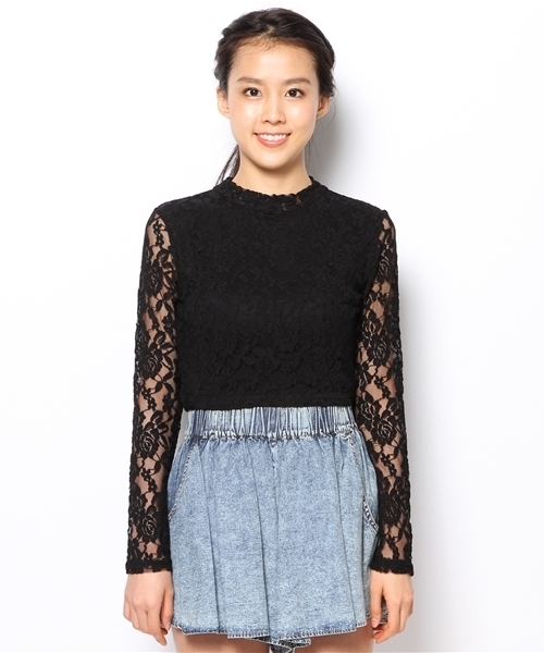 WEGO(ウィゴー)の「WEGO/レースハイネックTシャツ(Tシャツ/カットソー・レディース・オフホワイト/ブラック・FREE)」の4枚目の写真