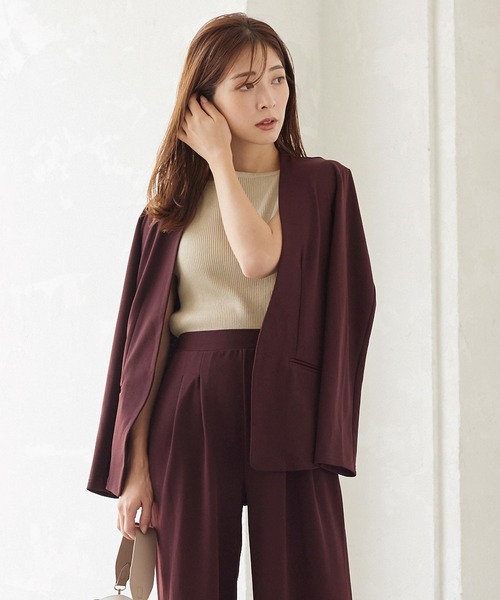 KOBE LETTUCE（コウベレタス）の「ジョーゼットノーカラーストレッチジャケット（ノーカラージャケット・レディース・グレイッシュベージュ/ブラウン/ブラック/モカ/ボルドー/ブラウン系その他/ベージュ/ブルー/ベージュ系・M/L）」の9枚目の写真