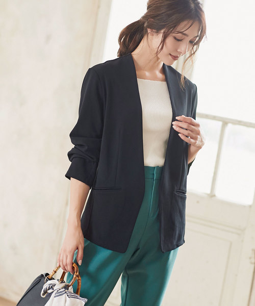 ［レナっこさま専用］overEノーカラーハイストレッチジョーゼットジャケット ノーカラーハイストレッチジョーゼットジャケット：ネイビー│胸