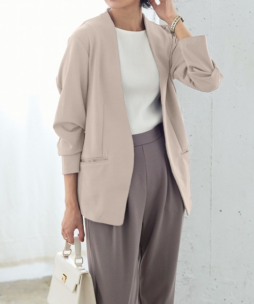 【美品】23区L　ストレッチジョーゼット　ノーカラージャケット 44 洗える/吸水速乾/UVカット/接触冷感】ストレッチジョーゼット