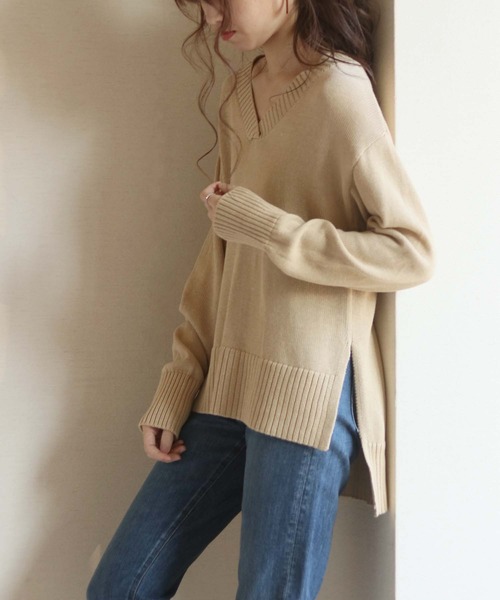 HER CLOSET(ハークローゼット)の「【HERCLOSET】Vネックニットプルオーバー(ニット/セーター・レディース・チャコールグレー/テラコッタ/ベージュ/ダークベージュ/ライトイエロー/グリーン/ネイビー・M)」の17枚目の写真