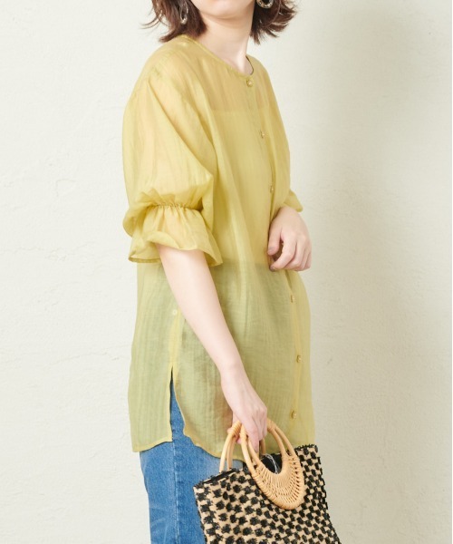 natural couture(ナチュラルクチュール)の「シアーフリルスリーブ3WAYブラウス(シャツ/ブラウス)」|イエロー