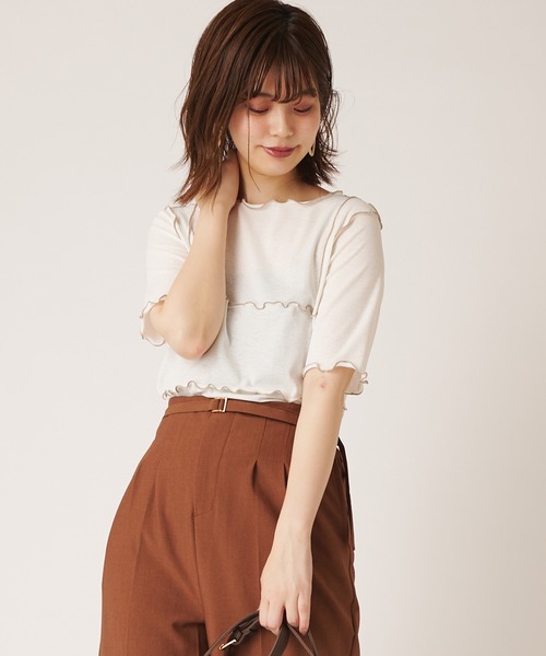 natural couture(ナチュラルクチュール)の「シャリとテレコ配色メローT(Tシャツ/カットソー・レディース・ブラック/ライトベージュ/グレイッシュベージュ/ミント・FREE)」の3枚目の写真