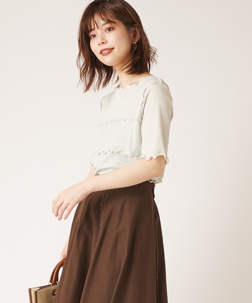 natural couture(ナチュラルクチュール)の「シャリとテレコ配色メローT(Tシャツ/カットソー・レディース・ブラック/ライトベージュ/グレイッシュベージュ/ミント・FREE)」の1枚目の写真