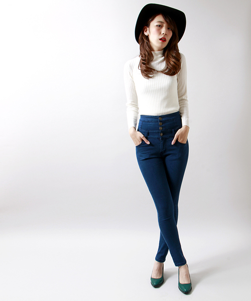 WEGO（ウィゴー）の「WEGO/前ボタンハイウエストスキニーデニムパンツ（デニムパンツ・レディース・ブルー/ネイビー・MEDIUM/SMALL）」の2枚目の写真