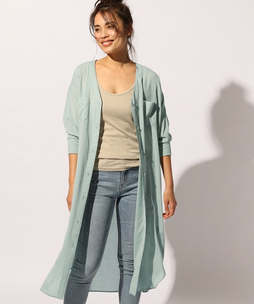 BAYFLOW（ベイフロー）の「シアーシャツワンピース（ワンピース・レディース・ブラック/ベージュ/ライトグリーン・FREE）」の11枚目の写真