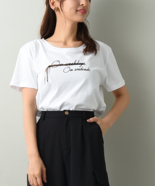 INTERPLANET（インタープラネット）の「オーガニックコットンテープ刺繍プルオーバー（Tシャツ/カットソー・レディース・チャコールグレー/オフホワイト/オリーブ・FREE）」の11枚目の写真