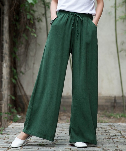 綿麻パンツ　size34 麻混ストレッチ高機能ランダムタックイージーパンツ 512-86528