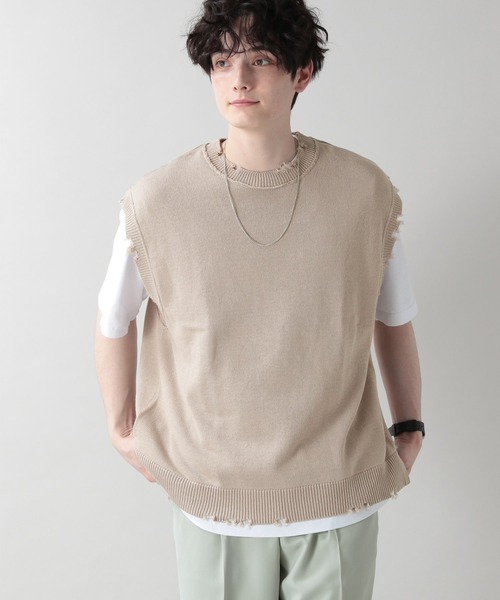 RAGEBLUE（レイジブルー）の「綿麻ダメージニットクルーベスト/949595（ベスト・メンズ・ブラック/ベージュ/ブラウン・MEDIUM/LARGE）」の3枚目の写真