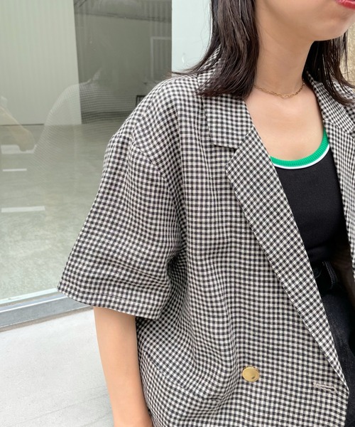 WHO'S WHO gallery（フーズフーギャラリー）の「チェックダブルジャケット（テーラードジャケット・レディース・ダークグリーン/ベージュ/ブラウン・FREE）」の4枚目の写真