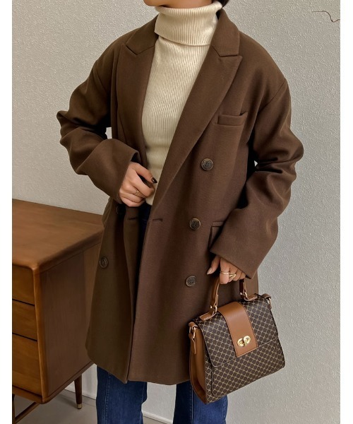 Re:EDIT（リエディ）の「カットメルトンダブルミドルコート（チェスターコート・レディース・ブルー/キャメル/ブラウン/オレンジ・LARGE/MEDIUM）」の2枚目の写真