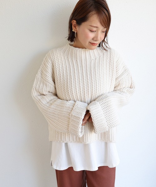 andme(アンドミー)の「ラーベン編みボトルネックニットトップス(ニット/セーター・レディース・ブラック/オフホワイト/ベージュ/レッド/ネイビー・M)」の13枚目の写真