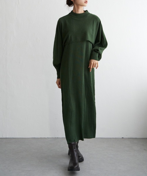 LBC（エルビーシー）の「ニットレイヤードワンピ（ワンピース・レディース・ブラック/ダークカーキ・M）」の2枚目の写真