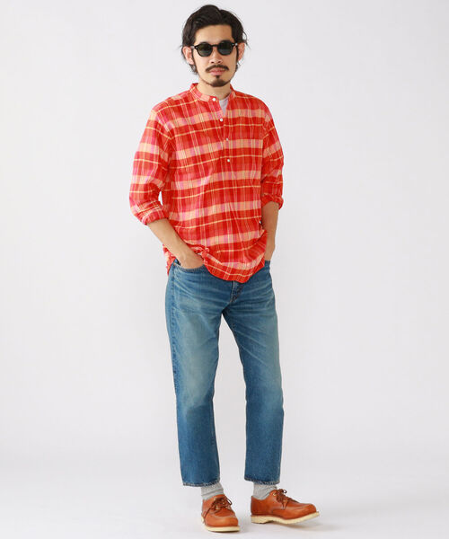 BEAMS PLUS(ビームスプラス)の「BEAMS PLUS / インディアン マドラスチェック バンドカラー プルオーバーシャツ(シャツ/ブラウス・メンズ・サックスブルー/オレンジ/グリーン・SMALL/MEDIUM/X-LARGE/LARGE)」の5枚目の写真